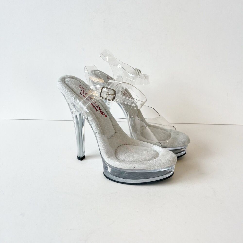 Fabulicious Majesty 508 Platform Ankle Strap Stiletto Heels Clear Fitness Size 6